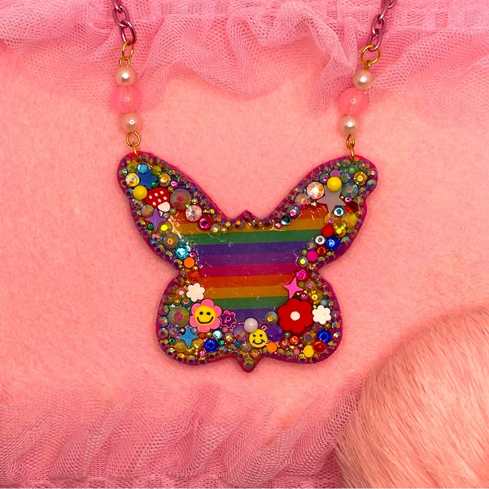 Rainbow butterfly découpage necklace